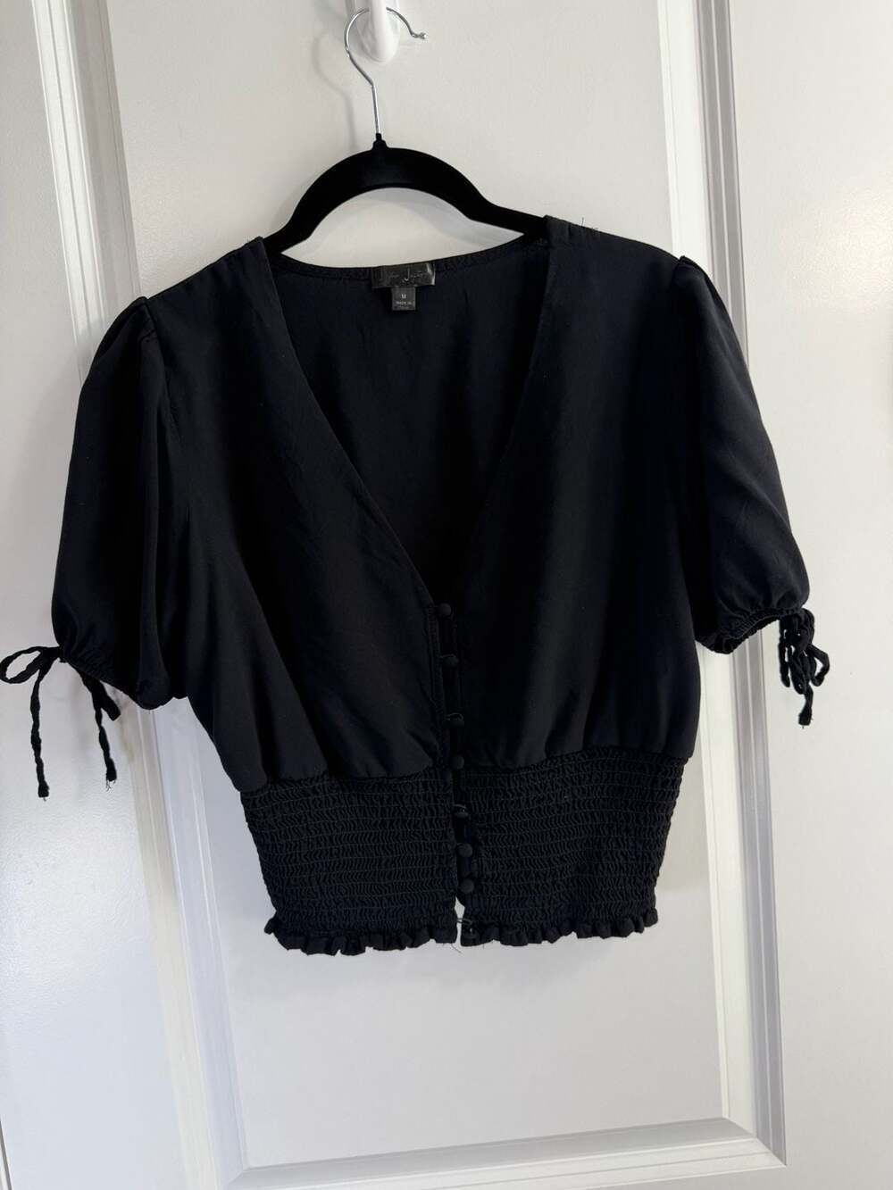 J for Justify Smocked Front-Button Crop Top with Puff Tie Sleeves